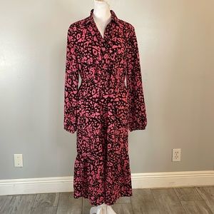 [LOFT] Pink/Black Heart Pattern Midi Belted Dress - Size XS